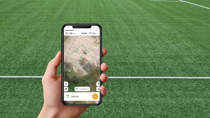 FJD Landscaping programėlė su aikštės žemėlapiu ir pjovimo valdymu